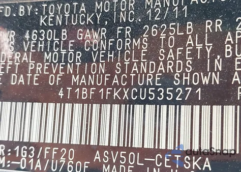 2012 Toyota Camry Se из США, поврежденный, VIN 4T1BF1FKXCU535271